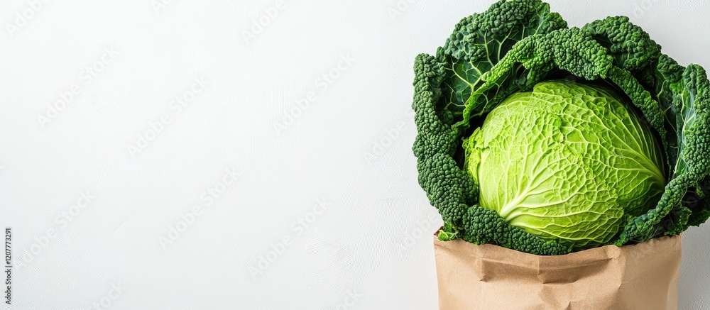 Poster fresh green cabbage resting in a kraft paper bag on a bright white background with ample empty space