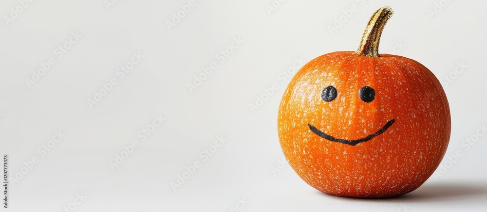 Poster miniature smiling pumpkin on bright white background with empty copy space for text and vibrant oran