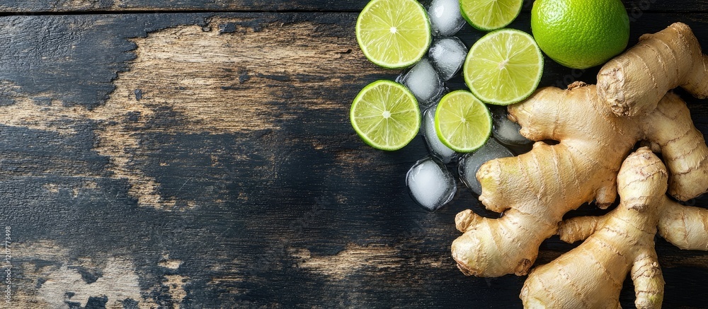 Poster refreshing ginger cocktail with lime slices and ice cubes on rustic wooden surface with vibrant gree