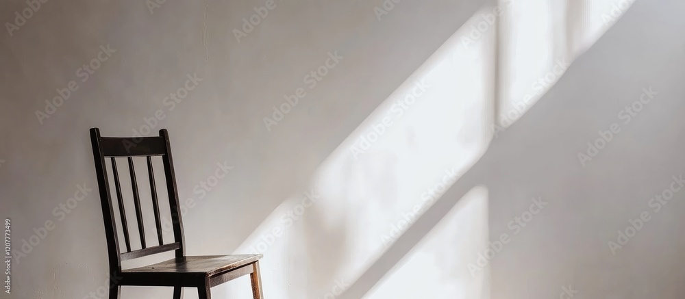 Poster minimalist photo studio setup featuring a white rectangular background with a tall black chair casti