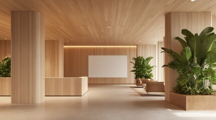 The wooden open space office interior features a blank wall, emphasizing the minimalist and spacious design.