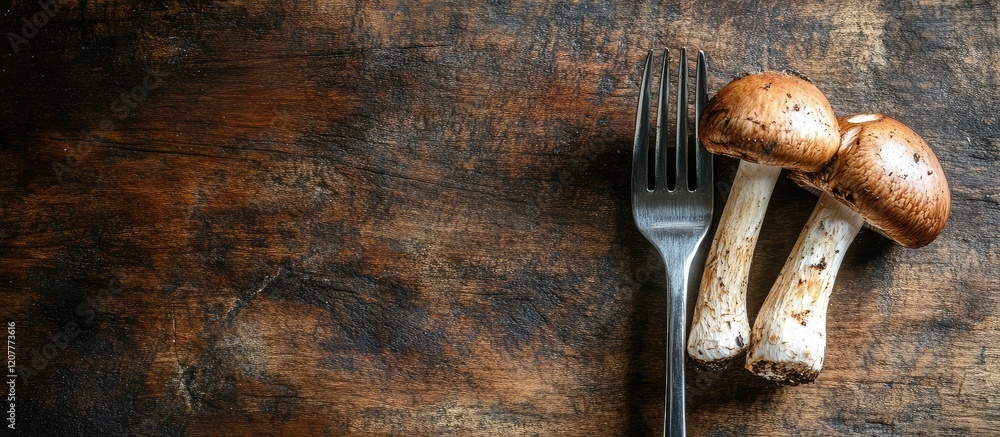 Poster freshly picked mushrooms on a stainless steel fork resting on a rustic dark wooden table with ample 