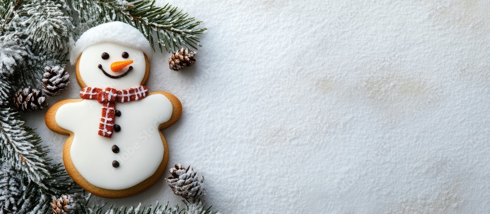 Poster gingerbread snowman cookie adorned with red scarf and hat placed on snowy white background surrounde
