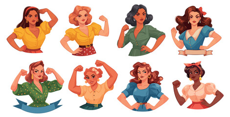 Girl power. Cartoon strong female diverse characters flexing muscles, international women day 8 march, feminism celebration set vector illustration