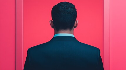 Man in Suit Facing a Vibrant Pink Wall: A mysterious image of a man in a dark suit, viewed from behind, standing before a bold pink wall. The contrast of colors creates a visually striking image.