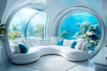 Fototapeta premium A yacht with an underwater viewing room, where large glass panels provide a glimpse into marine life below