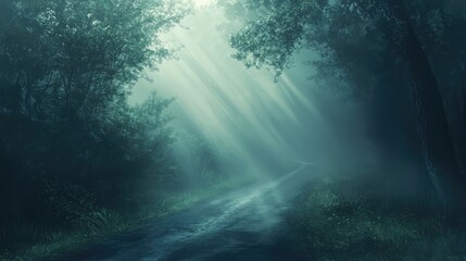 Serene Morning Landscape with Foggy Empty Road Rays of Light Filtering Through Lush Green Trees in Soft Ethereal Atmosphere