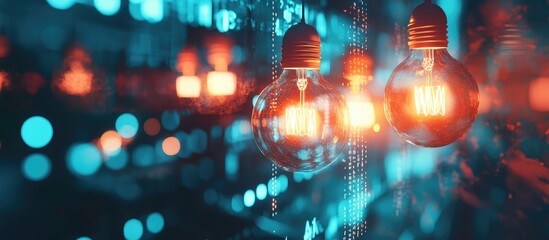 Dynamic Multiple Exposure with Glowing Light Bulb Icons over Abstract Graphs in Vibrant Blue and Orange Hues with Empty Space for Text