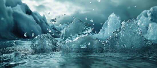 Obraz premium Dynamic Splash of Glacial Water Droplets in Turquoise and Gray Tones with Text Space for Marketing or Presentation Themes