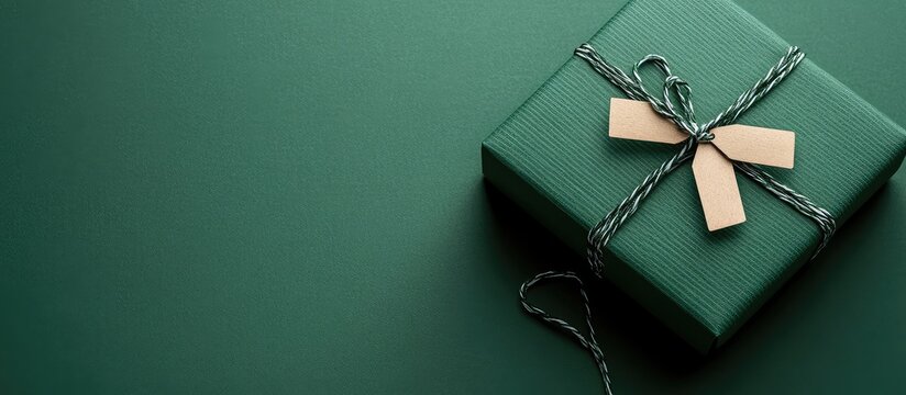Green Gift Box with Tag Wrapped in Twine on Dark Green Background with Negative Space for Text Ideal for Holiday or Celebration Themes