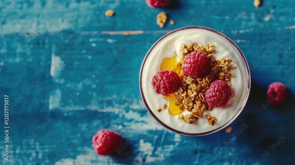 Sticker Greek yogurt with raspberries honey and granola on rustic blue wooden table healthy breakfast concept