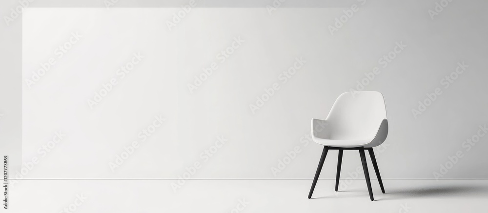 Poster minimalist photo studio setup featuring a sleek white rectangular background, a modern tall chair, a