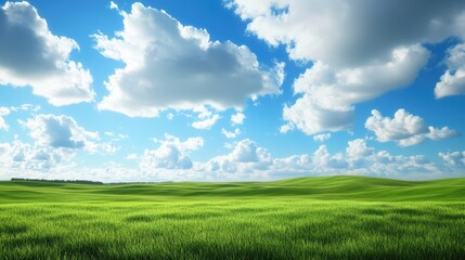 Fototapeta premium Scenic golf course landscape featuring lush green grass and a vibrant blue sky with fluffy white clouds