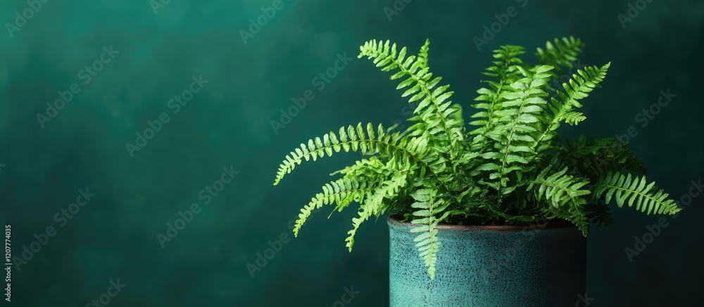Poster lush green ferns in a textured pot positioned to the right on a deep green backdrop with ample negat