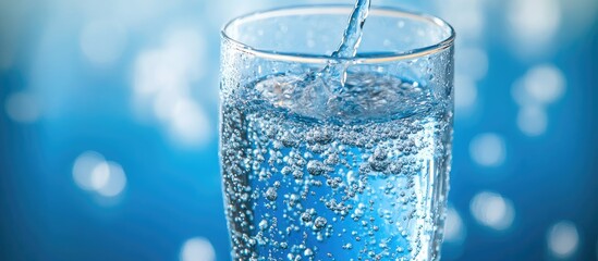 Close-up of sparkling mineral water pouring into a clear glass against a vibrant blue background with white fizzy bubbles and empty space for text