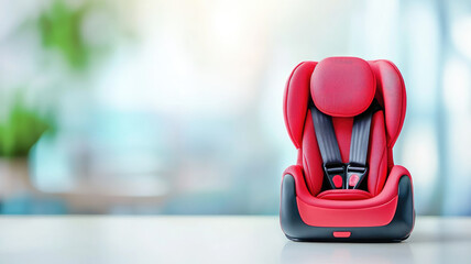 Red foldable portable car seat on white table indoors