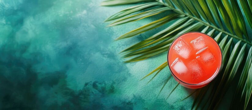 Non-alcoholic cocktail in a glass with ice cubes on a palm leaf against a textured teal background, featuring empty space for text.