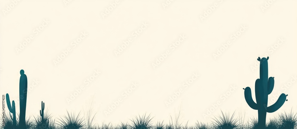Poster silhouette of dark green cactus rich in detail on soft beige background with ample copy space for te
