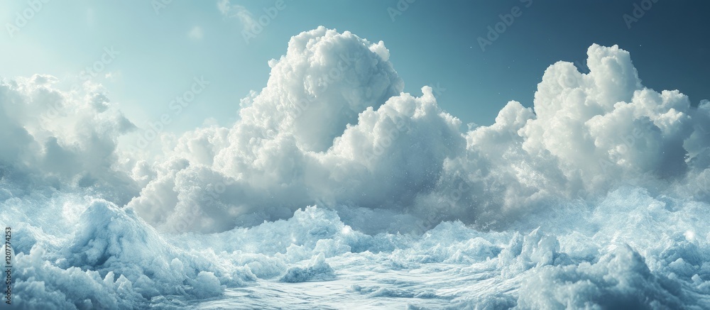 Poster high-altitude view of majestic white clouds over blue sky with soft textured patterns and ample copy