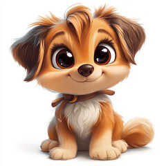 Naklejka premium Cute cartoon puppy with big eyes and a bowtie sitting against a white background