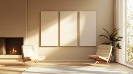 Fototapeta premium Three empty canvases are arranged on a beige wall, providing a versatile backdrop for future artwork or decoration.
