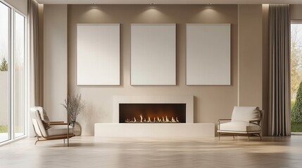Three empty canvases are arranged on a beige wall, providing a versatile backdrop for future artwork or decoration.