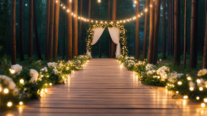 magical forest wedding aisle with lights and floral decor