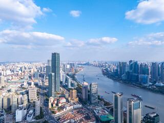 Aerial View of Shanghai skyline with Huangpu river