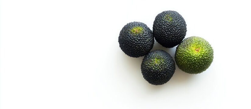 Four Black Lychee and Green Emerald Jenipapo Fruits Arranged on White Background with Copy Space for Text and Minimalistic Composition
