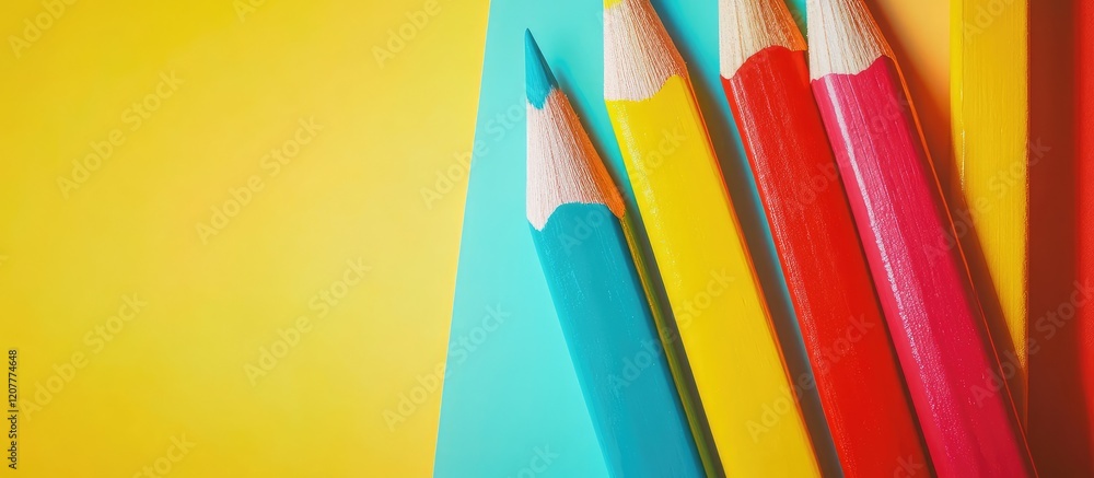Aufkleber vibrant arrangement of multicolored pencils in a row against bright yellow and turquoise background 