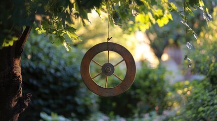 Rustic hanging wheel adorned with greenery in a serene garden setting creating a peaceful atmosphere in nature's embrace