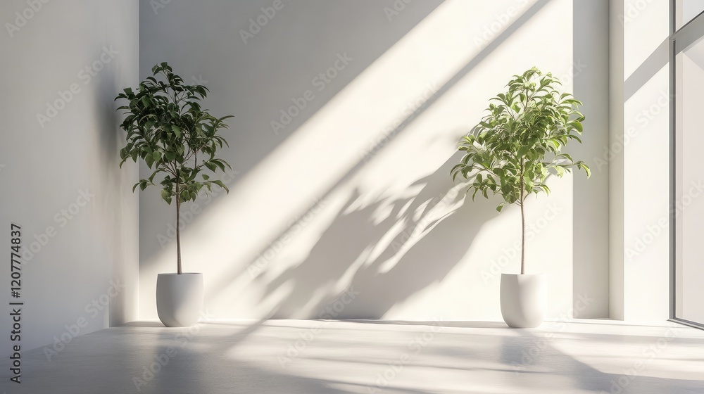 Poster minimalist interior design featuring two green potted trees in white pots casting elongated shadows 
