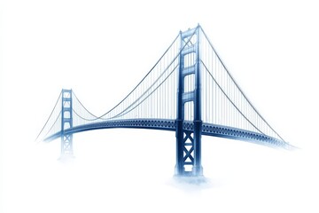 Obraz premium Iconic steel suspension bridge with blue tones and reflective water, symbolizing engineering innovation, urban infrastructure, and architectural landmarks in modern design