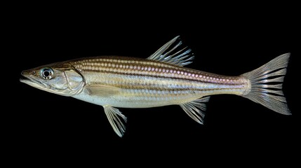 Obraz premium Coastal Brackish Water Mustang Bonefish with Silvery Scales Swimming in Black Background Aquatic Wildlife Photography