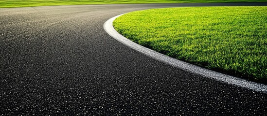 Curved asphalt racetrack bordered by lush green grass with ample empty space for text, captured in bright daylight from a low angle.