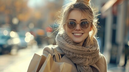 A cheerful woman in sunglasses smiles while holding shopping bags on a sunny street.