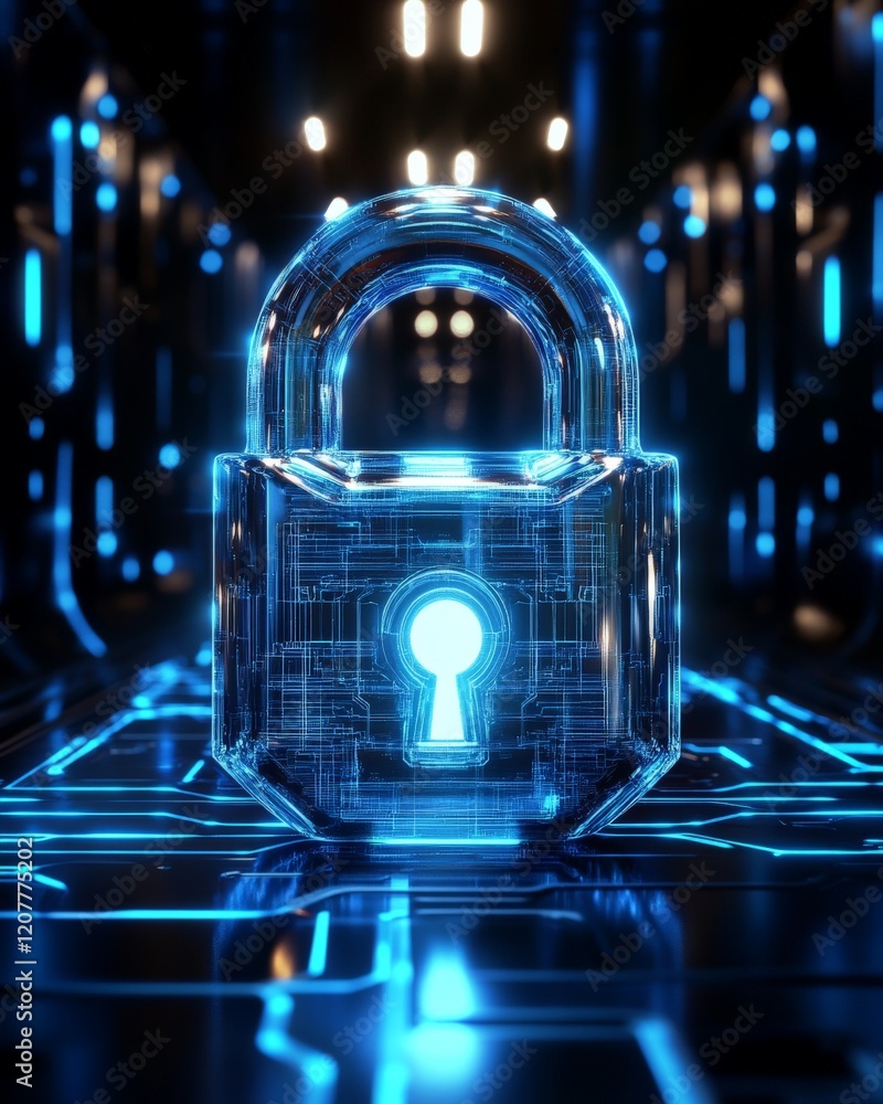 Poster secure glowing blue padlock in a futuristic digital environment, symbolizing encrypted networks and 
