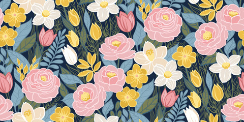 Colorful seamless floral pattern with pink roses, yellow flowers, white blooms and lush green leaves on a dark background. Ideal for fabric, wallpaper, wrapping paper, stationery and digital projects.