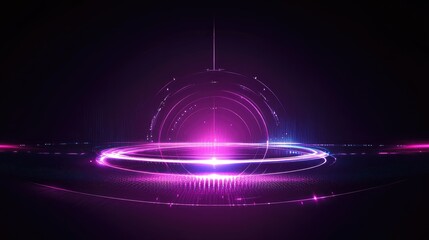 Futuristic holographic interface with vibrant purple and blue digital elements and connected lines on a deep black background, creating an abstract technology scene.