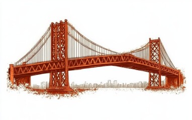 Fototapeta premium Golden Gate Bridge with vibrant red tones and artistic sketch style, emphasizing iconic architecture, urban symbolism, and bridge engineering excellence