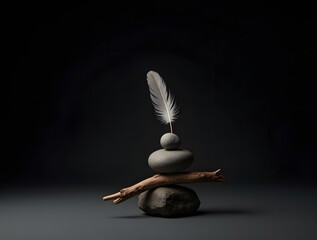 Serene Stone Stack with Feather and Wood Minimalist Photography