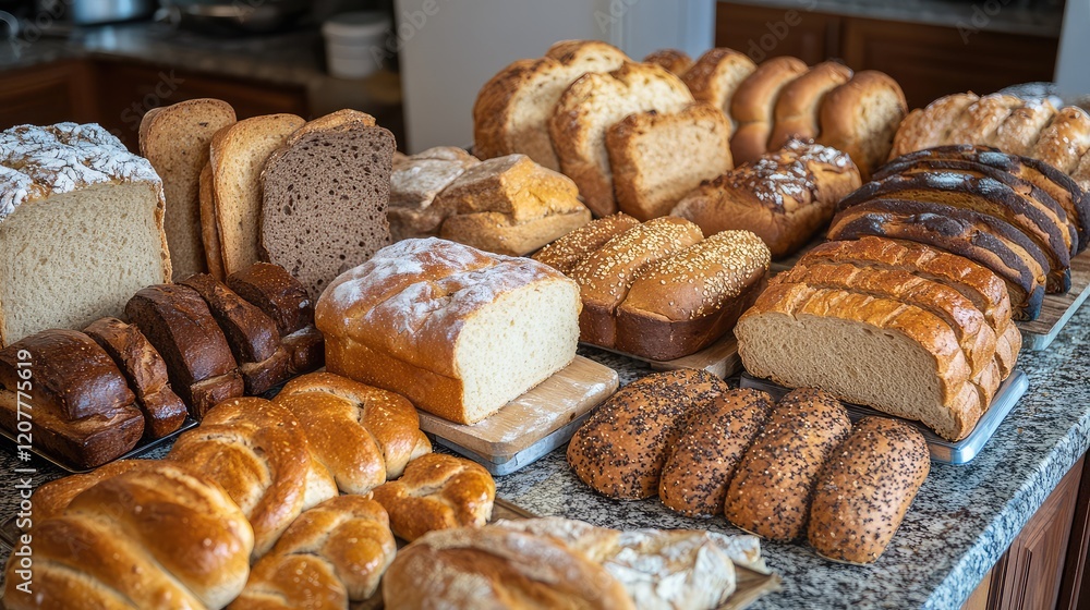 Poster various types of baked bread loaves and rolls displayed on a countertop with copy space