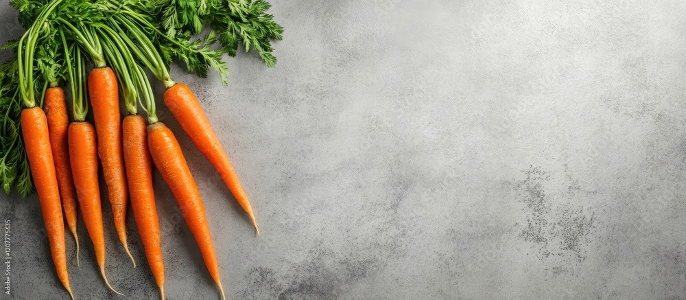Poster vibrant freshly squeezed carrot juice in a glass beside organic fresh carrots on a textured gray bac