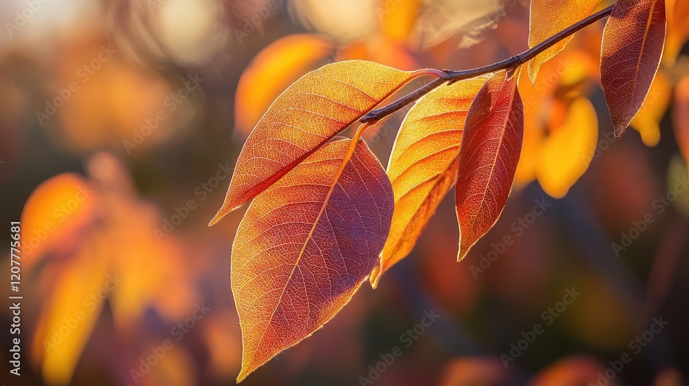 Aufkleber colorful autumn leaves on a branch with sunlight shining through creating a warm and inviting atmosp