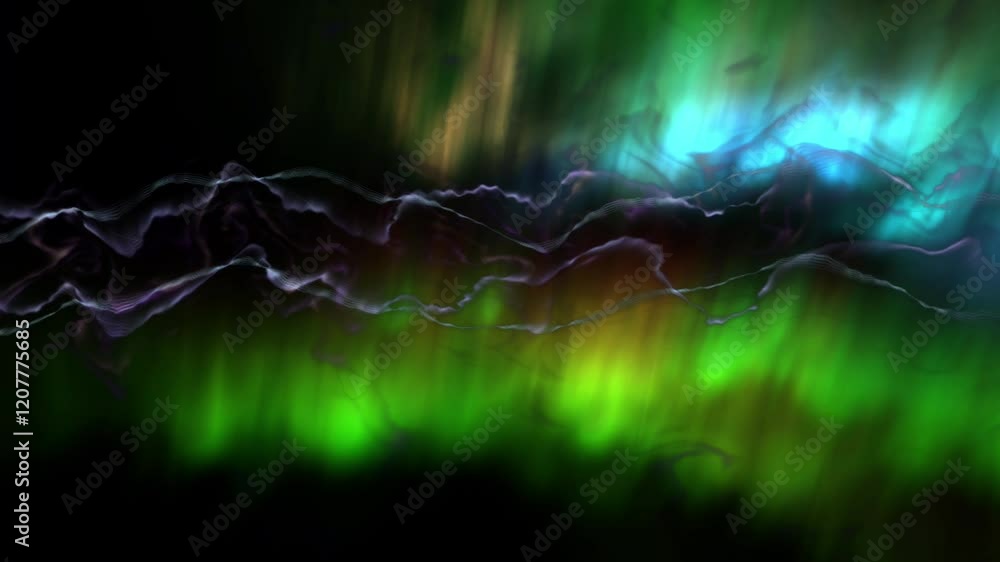 Poster a vibrant abstract design featuring glowing neon waveforms in blue and purple, interlaced with green