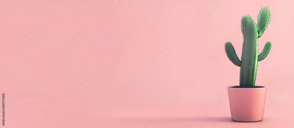 Poster green cactus in a light pink pot positioned on a soft pink backdrop with ample empty space for creat