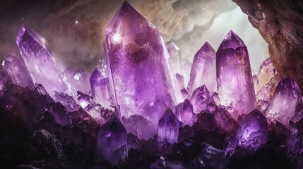 Amethyst crystals in cave setting with glowing light and dramatic shadowing showcasing various sizes and shapes Copy Space