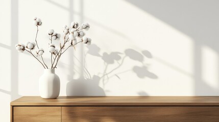 Modern interior with cotton branch in vase on wooden console against white wall with shadows and copy space