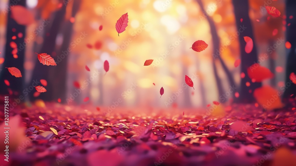 Poster autumn forest scene with falling red leaves and a blurred background creating a bokeh effect copy sp