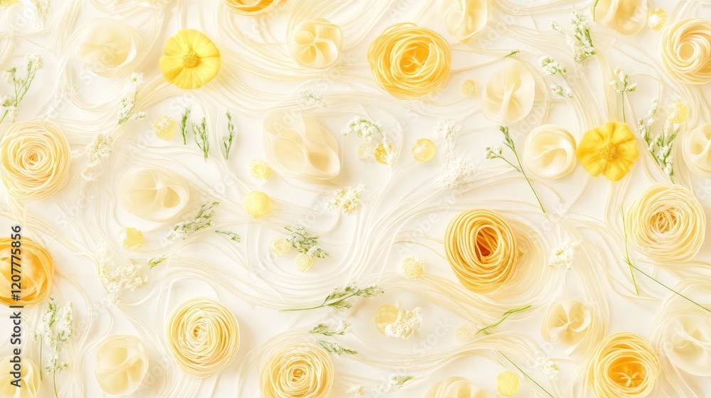 Poster yellow and white decorative flowers arranged on soft fabric background with ample copy space for tex